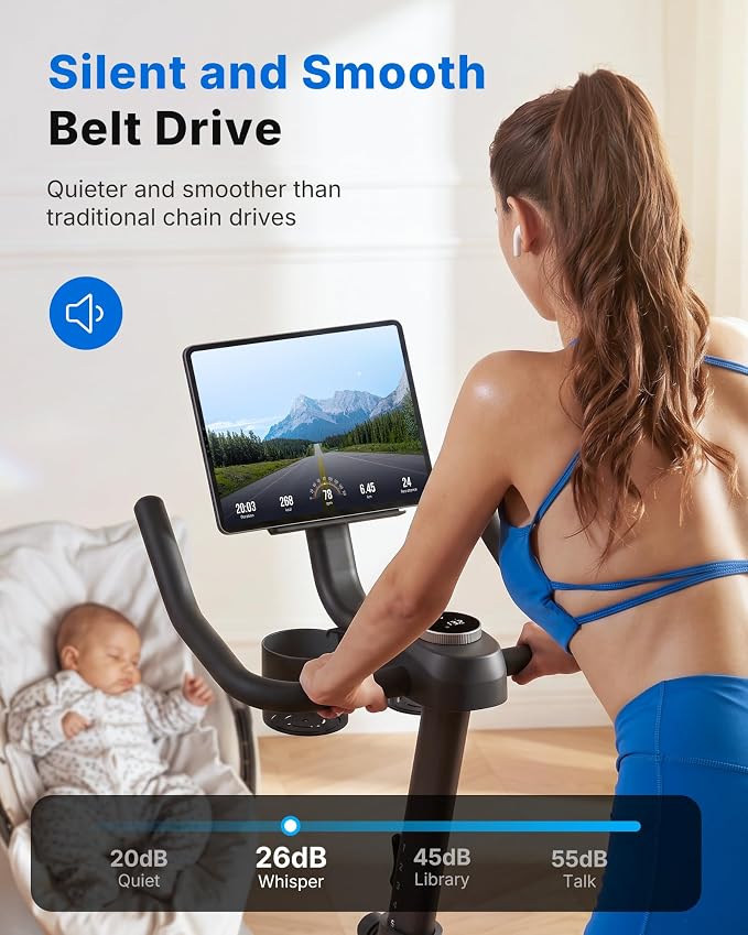 Merach Exercise Bike, Magnetic Friction Stationary Bike with Brake Pad and Exclusive App, Low Noise Indoor Cycling Bike with 300lbs Weight Capacity, Tablet Mount and Fitness Courses for Weight Loss