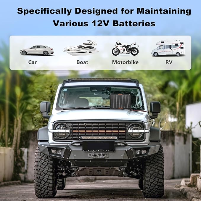 Solar Battery Charger 10W 12V Solar Trickle Car Battery Maintainer Portable Waterproof Power Charger for Car Boat Automotive RV with Alligator Clip