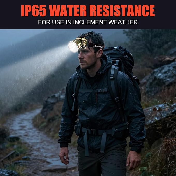 Rechargeable LED Headlamp with Power Indicator, 3 Mode White Light 10400mAh Long-Lasting Battery,10+ Hours Runtime, IP65 Waterproof Lightweight Headlight for Outdoor (Camouflage-White light)