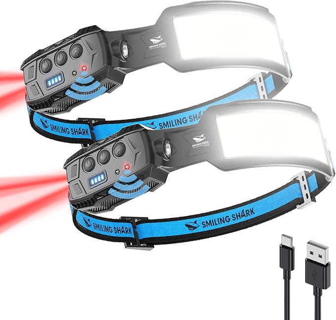 Smiling Shark Headlamp, 2 Pack Head Lamps Led Rechargeable 6 Modes 7*White Lights 270° Lighting Red Tail Light for Camping Fishing Repairation, LED-Headlamp-Rechargeable-Light