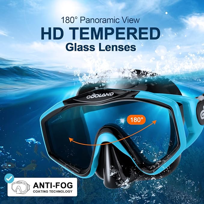 Odoland Snorkel Set, Adults Snorkeling Packages with Dry Top Diving Mask, Adjustable Swim Fins, Mesh Bag, Anti-Fog Anti-Leak Snorkeling Gear for Men Women