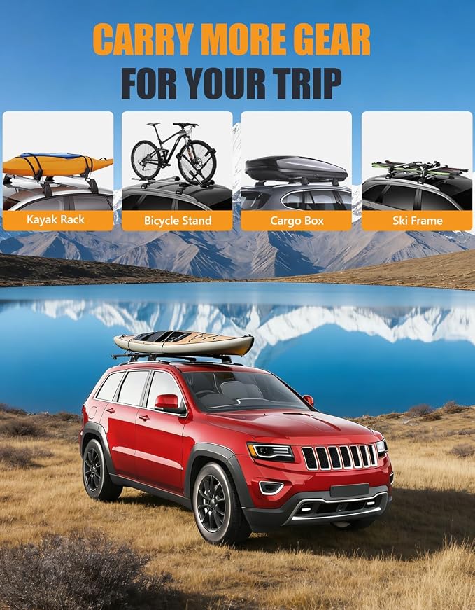 KINGGERI 330lbs Lockable Roof Racks Cross Bars Fit for Jeep Grand Cherokee 2011-2021 with Grooved Side Rails(NOT for Raised Side Rails), Heavy Duty Anti-Theft Aluminum Rails Crossbars Cargo Kayak