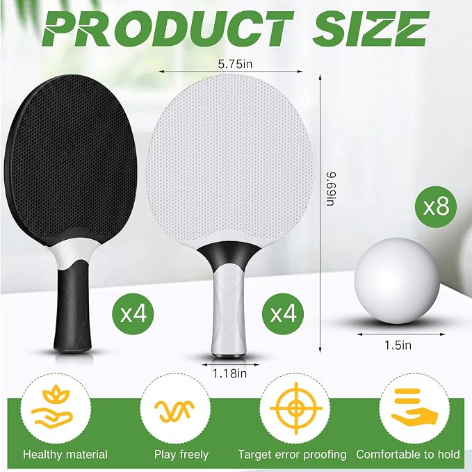 Junkin 8 Pieces Table Tennis Paddles Kit Professional Rackets Set Portable Composite Rubber Table Tennis Racquets with 8 Balls for Indoor and Outdoor