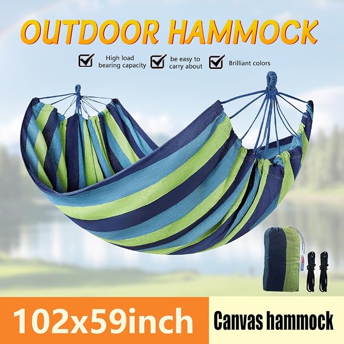 Cotton Canvas Hammock, Comfortable Fabric Camping Hammock with Tree Straps, Up to 440lbs with Travel Bag for Camping Outdoor/Indoor Patio Backyard(Blue, Without bar)