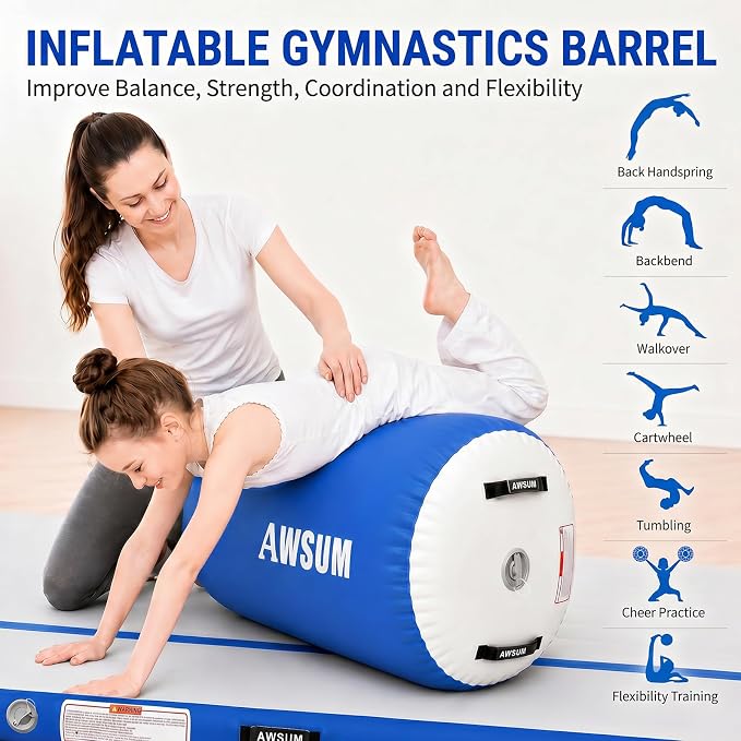 AWSUM Gymnastics Barrel Tumbling Equipment Air Roller Training Inflatable Back Handspring Trainer for Octagon Tumble Mat Gym Cheerleading Home Use 1 PCS，No Electric Pump