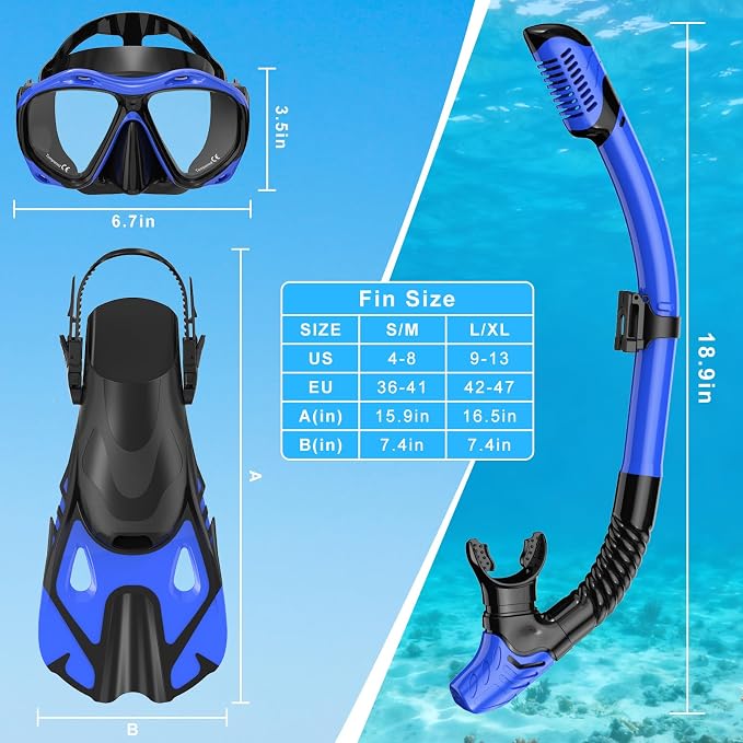 Snorkeling Gear for Adults, Mask Fin Snorkel Set, Dry Top Snorkel Mask, Panoramic View Anti-Leak Anti-Fog 3 in 1 Snorkeling Kit Travel Diving Package with Storage Bag