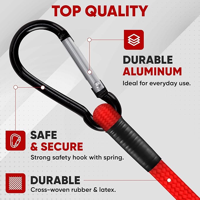 FORTEM Carabiner Bungee Cord Assortment, 32pk Bungee Cords Multi Pack, Includes 18", 24", 30", 36", 48", 60" Bungees and 8" Canopy Tarp Ball Ties, Coated Metal Hooks