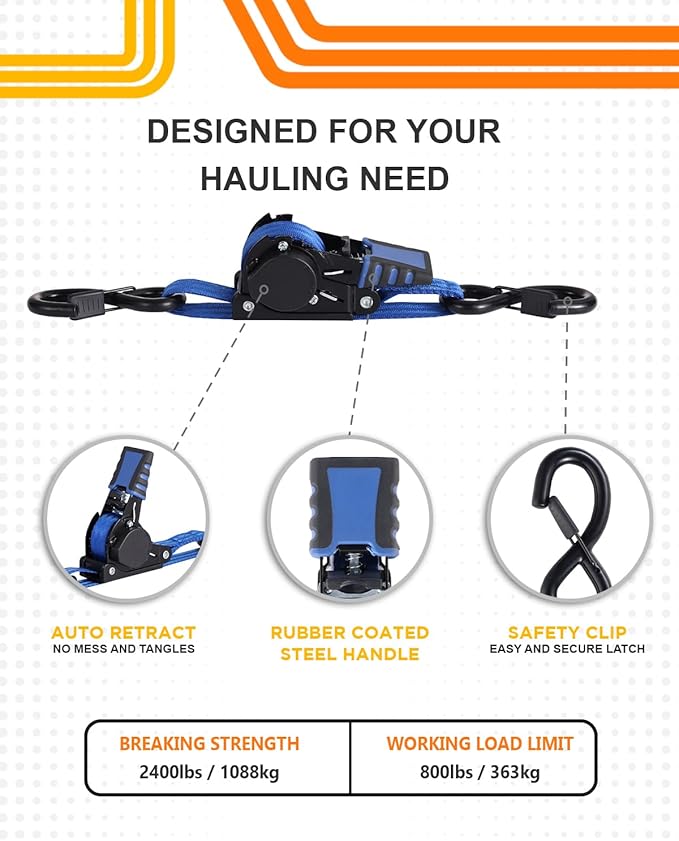 Strapinno Retractable Ratchet Straps - 1 in x 4 ft Heavy Duty Adjustable Boat Transom Tie Down, 2PCS, 2400lbs Breaking Strength, Safety S Hooks, for Boat, Jetski, Seadoo, Waverunner, and PWCs (Blue)
