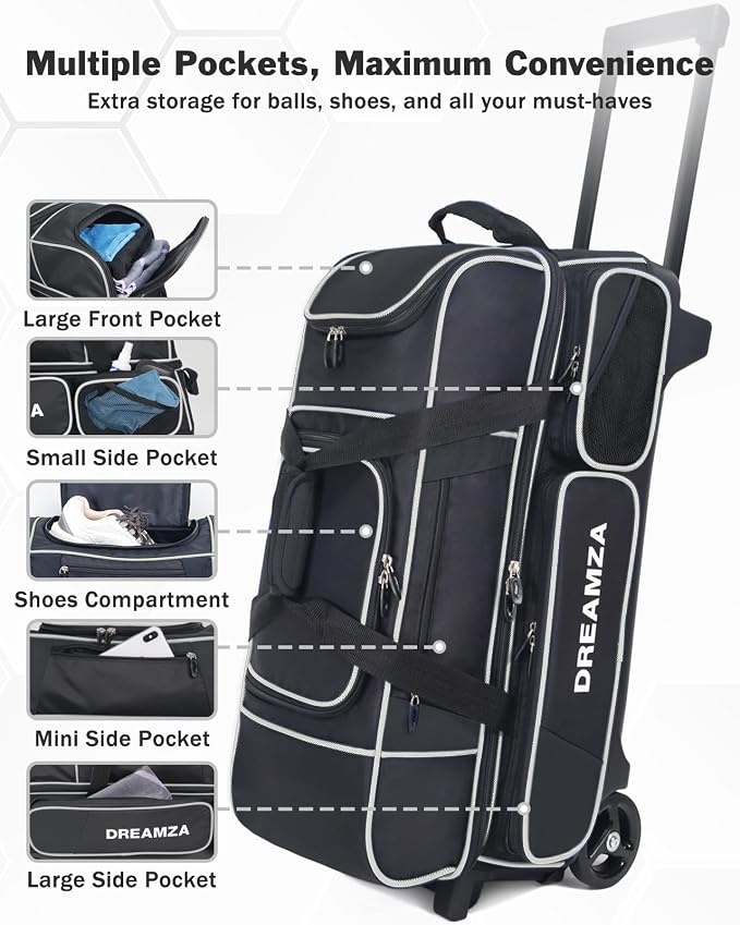 3 Ball Bowling Bags with Wheels & Shoe Pocket, Premium Bowling Ball Bag 3 Ball Roller, Effortless-Rolling 3 Ball Bowling Bag w/Multi-Storage Pockets & Telescopic Handle Extends to 40''
