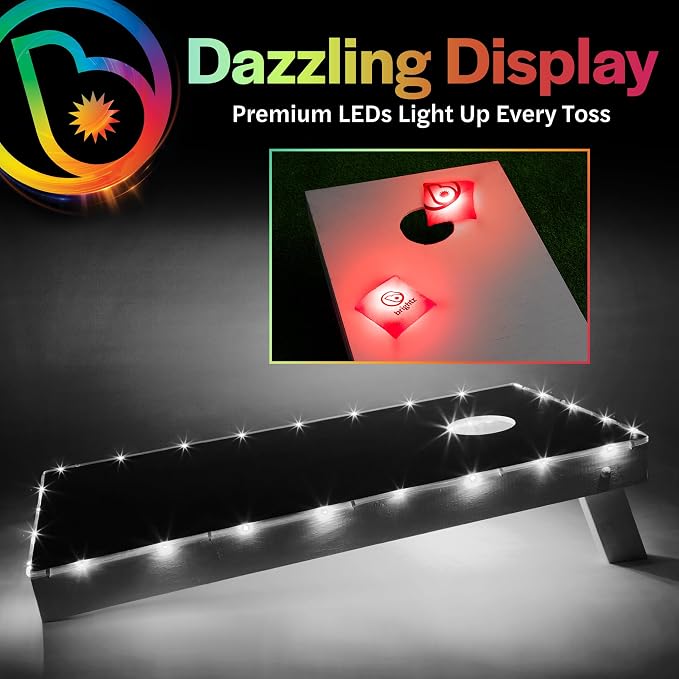 Brightz Cornhole Board Edge Lights with LED Bags - Includes 4-Pack of LED Cornhole Bags + TossBrightz Cornhole Board Edge Lights - The Ultimate Night Time Cornhole Master Set