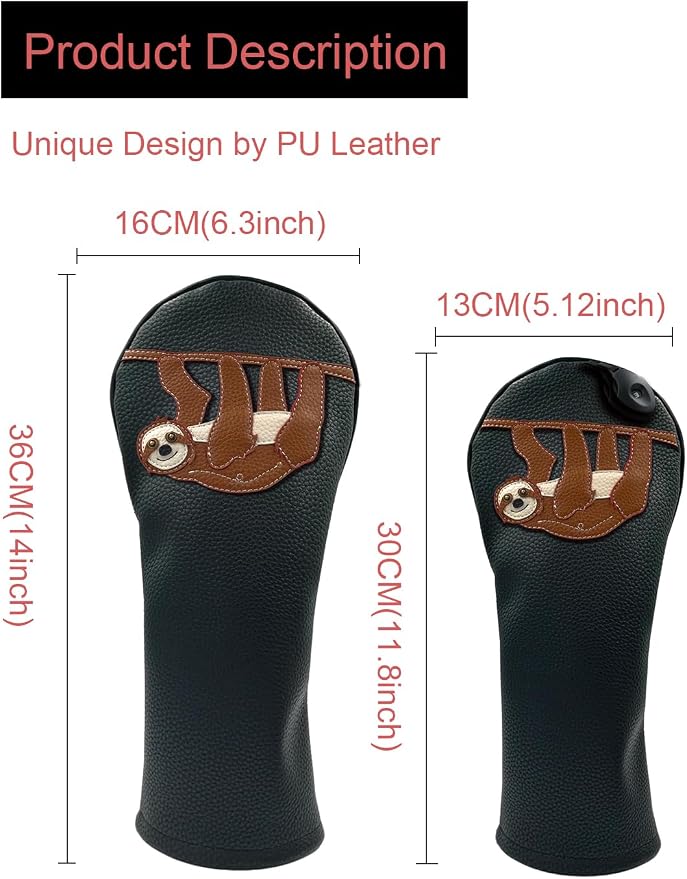 Sloth PU Leather Golf Club Covers Driver Headcovers Fairway Woods Hybrid Protector with Interchangeable Number Tag