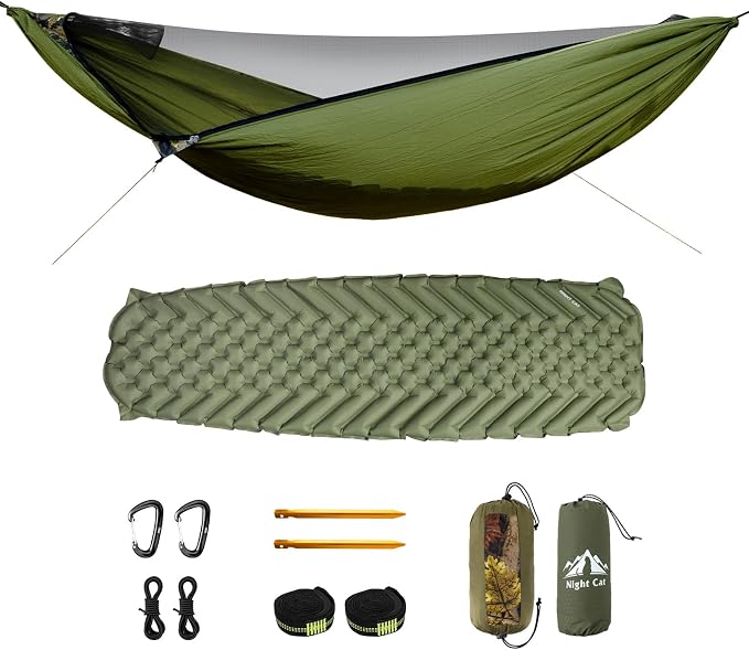 Night Cat Hammock with Mosquito Net: Portable Kit with Sleeping Pad for Solo Camping Durable Nylon Compact Lightweight Spacious 11ft Hammock for Backpacking Hiking Travel Yard and Outdoor Activities