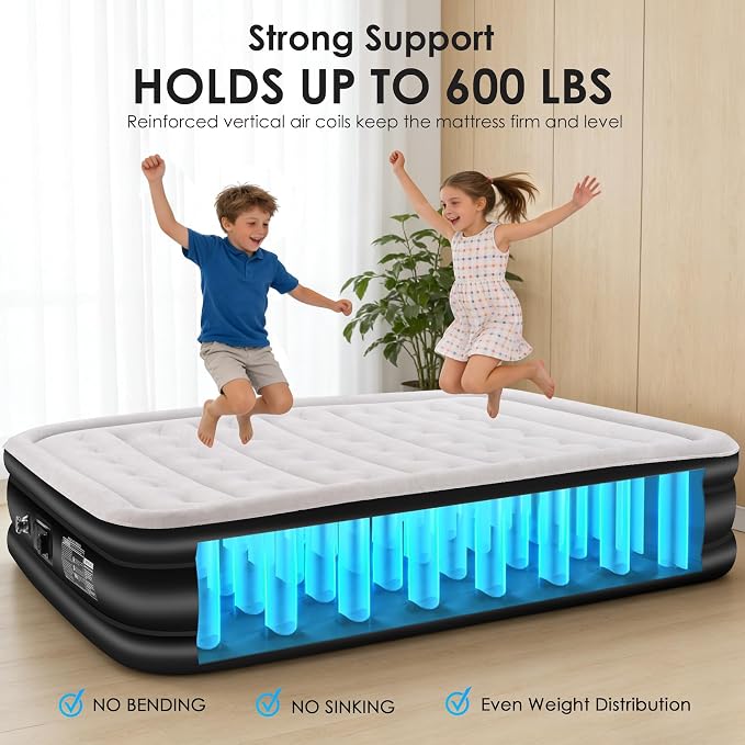 Air Mattress Queen with Built in Pump,Comfortable Waterproof Flocked Surface Inflatable Mattress for Temporary Family Stays and Travel,16-Inch Blow Up Mattress Inflates in 3 Minutes