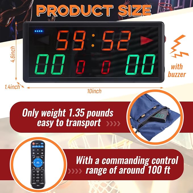 Tellegloww Electronic Basketball Scoreboard Portable Digital Scoreboard with Remote Tabletop LED Score Keeper with Timer Clock for Volleyball Baseball Table Tennis Indoor Sports Games