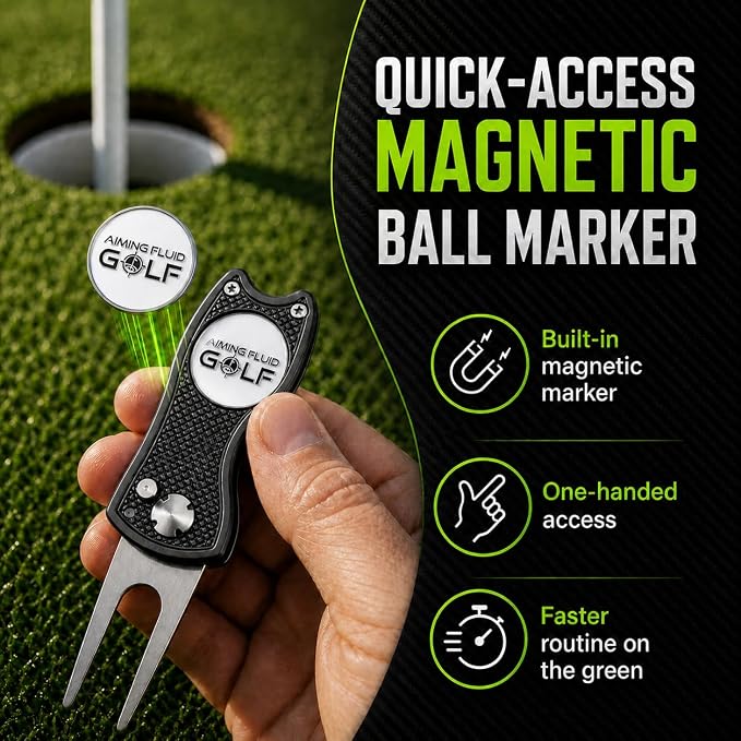 Golf Divot Repair Tool — 5-in-1 Golfing Ball Marker, Pitch Mark Repair, Putting Alignment, Club Tee, and Groove Cleaner, Accessory Metal Switchblade Design - Ideal Gift for Golfers