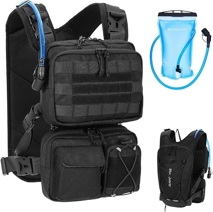 Blue Quartz 3-in-1 Running Vest with 2L Water Bladder, Lightweight Tactical Hydration Backpack with Detachable Waist Pack, Reflective Chest Pack for Hiking Running Cycling Race for Women Men