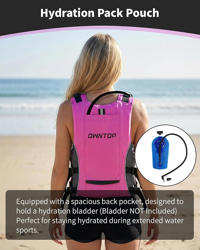 Owntop Swim Jacket Adult Youth | Hydration Pack | Dual Mesh Pockets | Attached Whistle | Ultra-Thin for Freer Movement | Kayak, Boating, Fishing, All Watersports