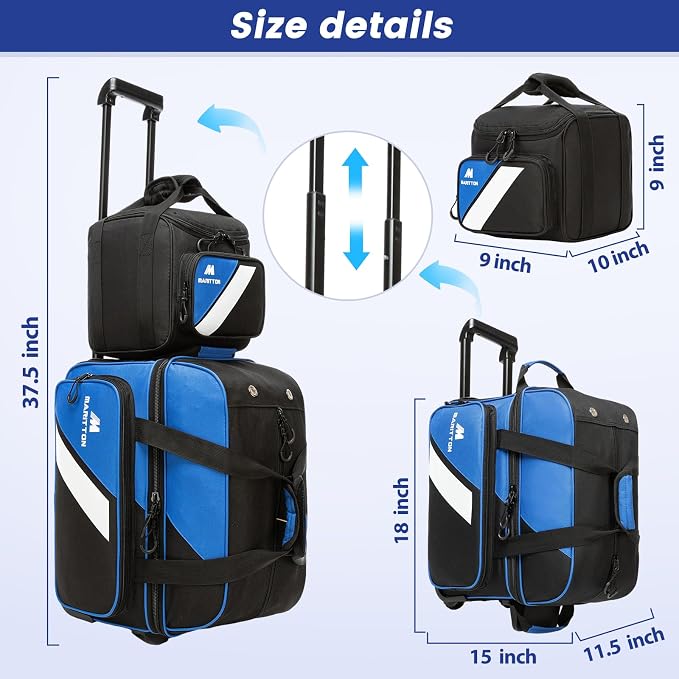 3 Ball Bowling Bags with Wheels, 2 Ball Bowling Bags Double roller with Single Ball Tote, Multi-Pockets & Shoe Compartment (Fits Up to Size 15).