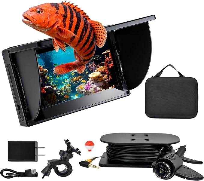 Underwater Fishing Camera,6 Inch Fish Finder Depth Finder, Portable Fishfinder with 1280 * 720 AHD Display, 80FT/Waterproof IP68, for Kayak/Boat/Ice Fishing, Includes Transducer & Mounting Kit