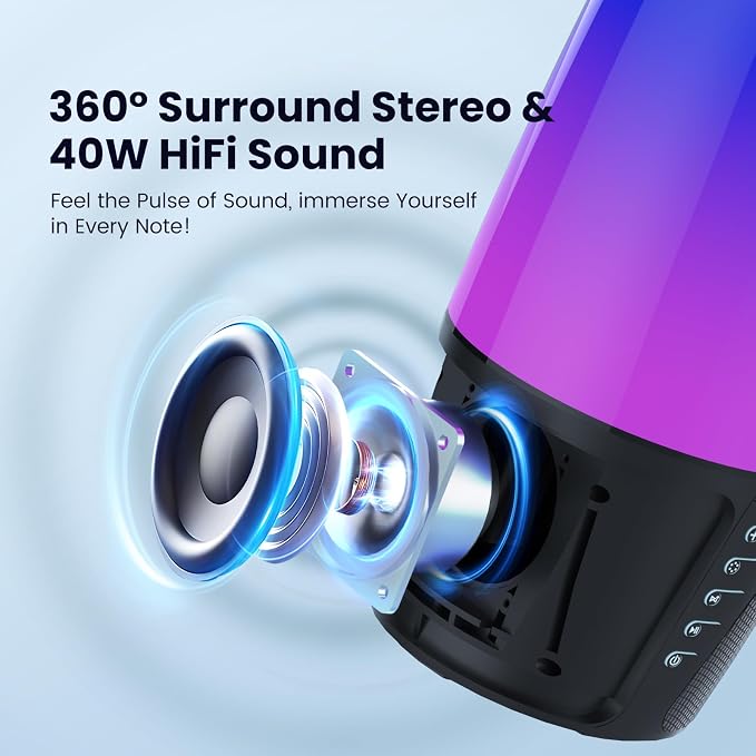 Bluetooth Speaker with Lights 40W 360° Stereo, Bluetooth 5.3 (100ft), IPX6 Waterproof, 9 Color LED, 12H Playtime (5600mAh) - Home/Outdoor/Party/Beach, Ideal Birthday (Colorful)