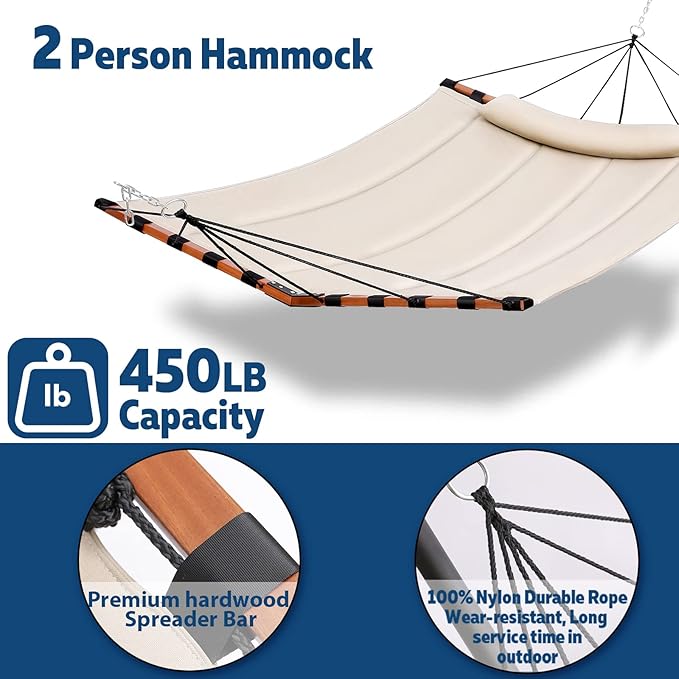 TegerDeger 12FT 2 Person Hammock with V Shaped Hardwood Spreader Bar & Nylon Rope for Outside, Patio, Garden, Backyard, Beach, Poolside, 450LB Capacity, 55in x 79in - Beige