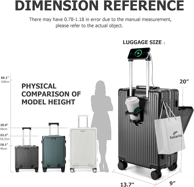 feilario Aluminium Frame PC Hard Shell Spinner Wheels Luggage,20.8"X15"X8.7 Airline Approved Built-In TSA lock Carry on Suitcase, with Cup Holder, USB Port, Phone Holder
