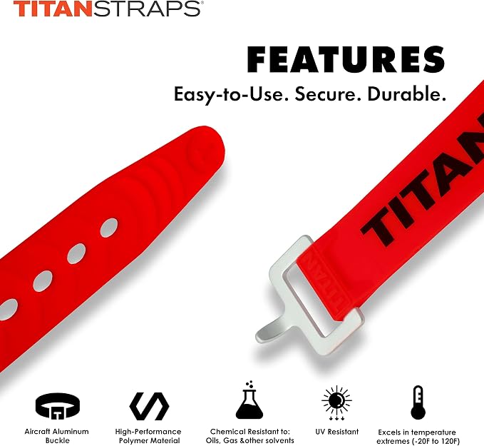 Titan Industrial Straps – Strong & Simple Tie-Downs for Construction (Welders, DIY Home) & 1st Responders – 3 Year Warranty, Batch Tested – 70 lb. Working Load, 20" Length, Red, 2-Pack