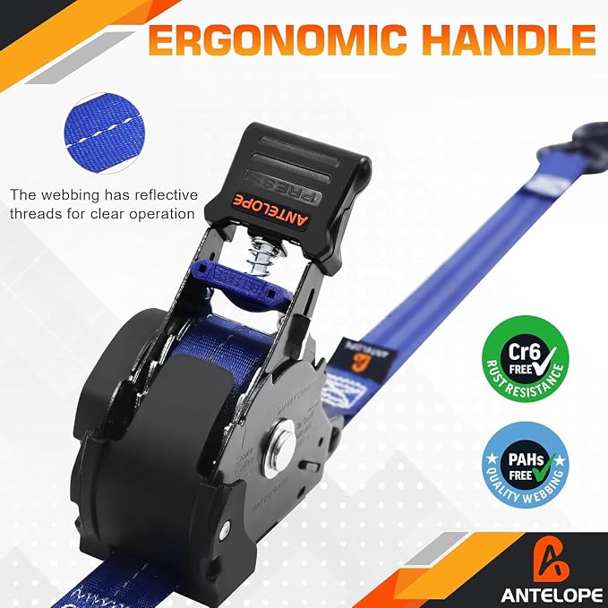 Retractable Ratchet Straps (2PK) - 1 in x 12 ft Automaitc Ratchet Tie Down Straps with Soft Loops, 1500lb Break Strength Self Retracting Strap for Motorcycle, Truck, Cargo, Trailer, ATVs, UTVs -Blue
