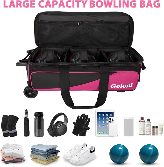 Goloni 3 Ball Bowling Bag with Wheels, Rolling Bowling Roller Bag with Retractable Handle for Balls & Bowling Accessories