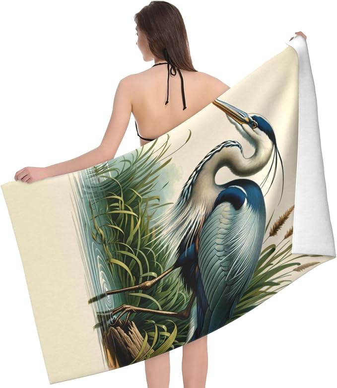 Retro Blue Heron Beach Towel, 32x52in Microfiber Quick Dry Nature Bird Vintage Bath Towels, Soft Lightweight Oversized Sand Free, for Travel Pool Swimming Gym Decor, Gifts
