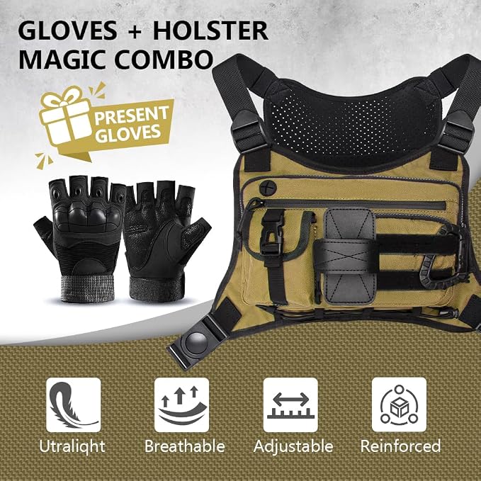 Outdoor Sports Chest pack for men with Gloves, EDC Chest bag for Travel, Lightweight Chest Rig Pouch, Tactical Running Chest Vest for Hiking, Cycling, Fitness, Motorcycle Riding, Workouts