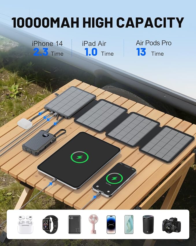 Solar Power Bank 10000mAh with 4 Panel Foldable Solar Charger,Portable Charger with 3 Built-in Cables, 15W Wireless Charging, USB-C in/Outputs, Emergency Flashlight for Outdoor Camping Hiking