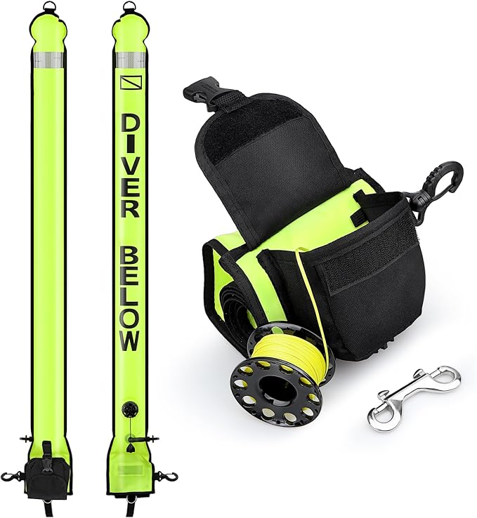 Surface Marker Buoy Scuba with Reel, 5ft High Visibility Diving Open Bottom Signal Tube Safety Sausage with Pouch Bag, 100ft ABS Dive Reel and Steel Double-Ended Bolt Snap (Hi-Vi Yellow)