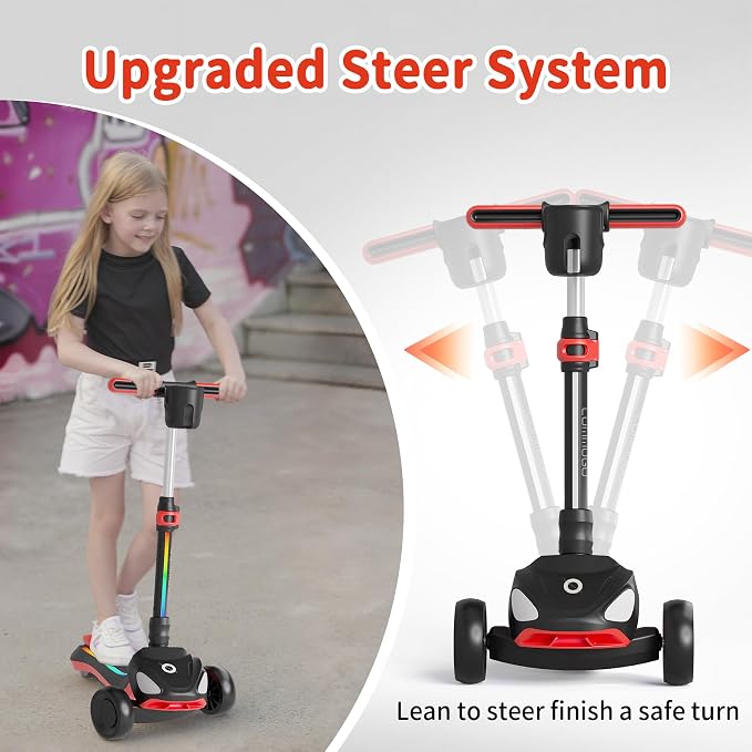 Electric Scooter for Kids with 3 LED Lighted Wheels, Adjustable Height & Lean-to-Steer, Anti-Slip Deck with Lights, Easy-Fold Mechanism, Balance Scooter for Kids,Toddlers