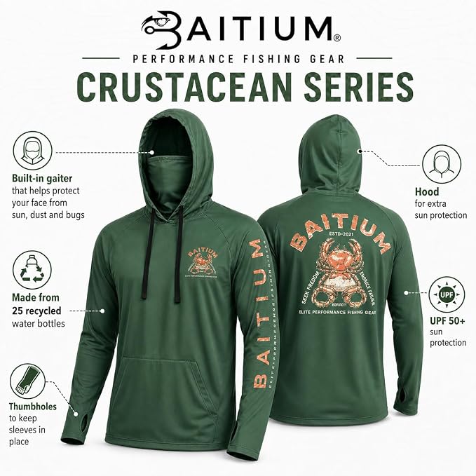 Fishing Shirts for Men,UPF50 Hooded Long Sleeve with Gaiter, Sun Protection Dry Fit Apparel, Face Mask, Fishing Clothes