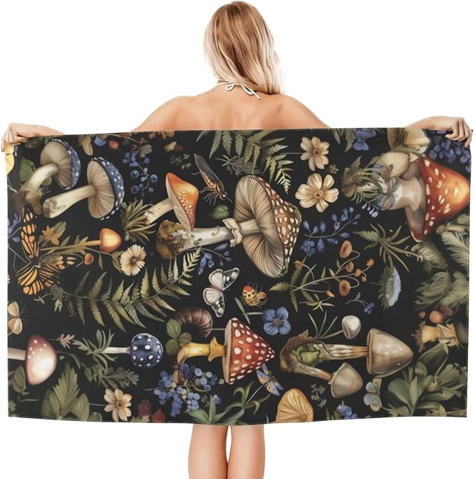 Mushroom Beach Towel, 32x52in Microfiber Quick Dry Enchanted Forest Wildflower Fern Butterfly Bath Towels, Soft Lightweight Oversized Sand Free, for Travel Pool Swimming Gym Decor, Gifts