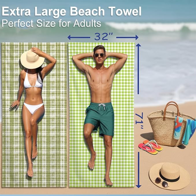 2 Pcs Microfiber Beach Towel Sand Free Quick Dry Oversized Lightweight Absorbent Sage Green and White Textured Plaid Design Bath Towels for Pool Travel 71 x 32 Inches