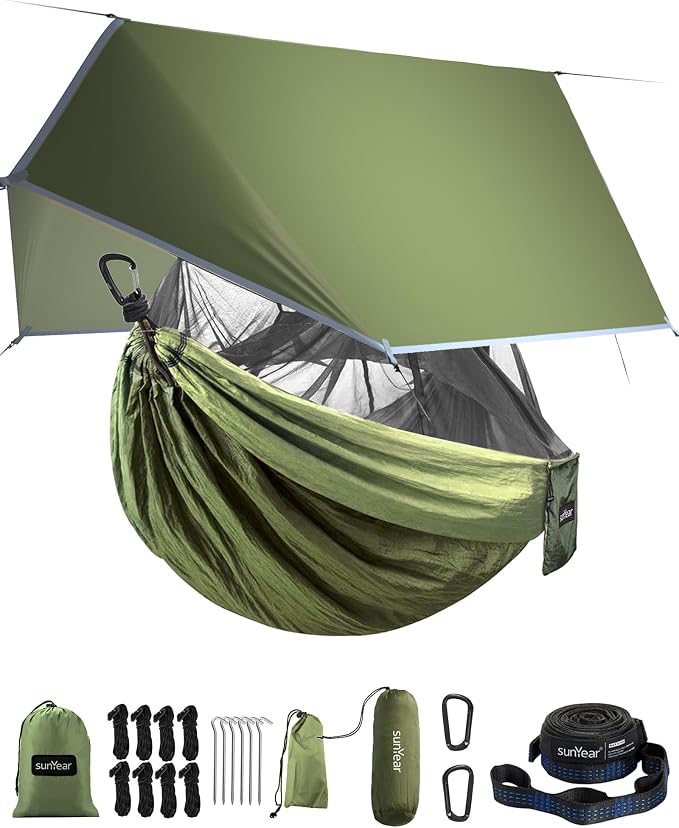 Sunyear Camping Hammock with Net and Hammock Tent Rain Fly Bundle - Perfect for Hiking, Backpacking, Outdoor Sleeping and Camping Survival