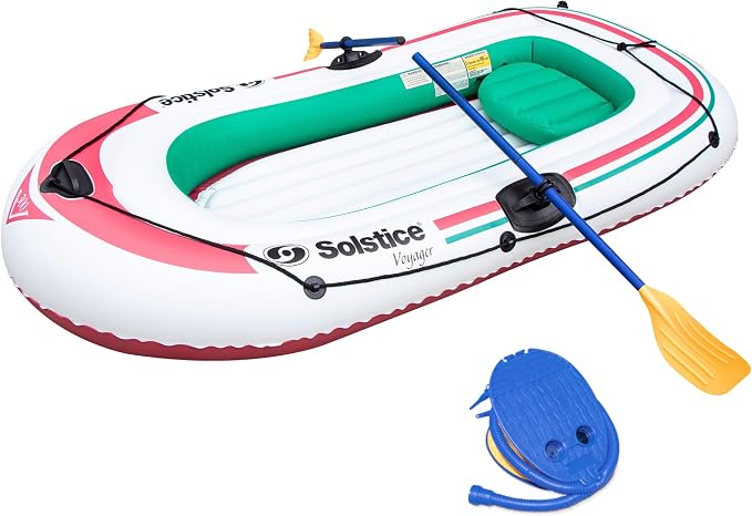 SOLSTICE Inflatable Boat for Lakes, Rivers & Beaches – Heavy-Duty Raft with Swivel Oar Locks, Grab Line & Inflatable Seat – Voyager, Full Kit Includes Oars & Pump, 3-Person, White, 7'