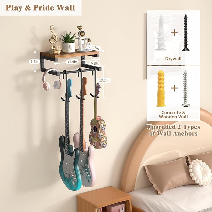 Keebofly Guitar Wall Mount Hangers Holds 3 Guitars with Rustic Shelf, 3-Detachable Guitar Hooks Universal Fit for Acoustic, Electric, Bass & Ukulele (Brown)