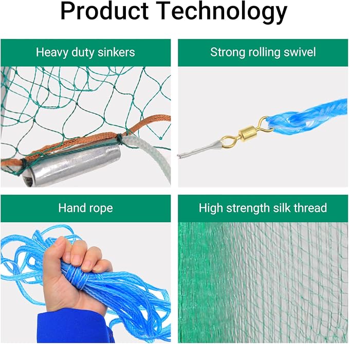 Nylon Monofilament Cast Net, 4FT/6FT/7FT/8FT/9FT/10FT/12FT American Style Hand Throwing Fishing Net with Iron Chain Weights for Saltwater and Freshwater
