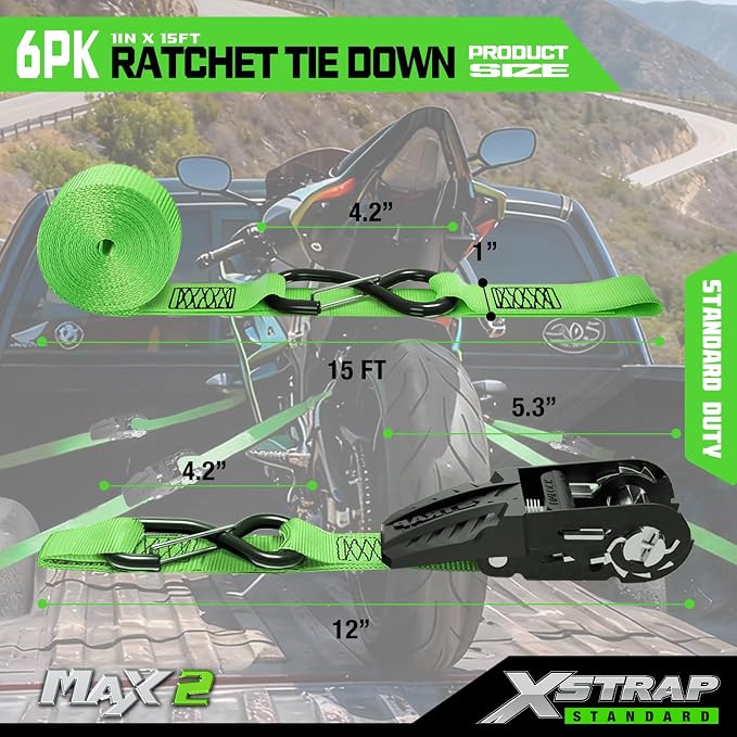 XSTRAP STANDARD Ratchet Tie Down Straps - 4 Pk - 1'' x 15 Ft 1890 Lbs Break Strength-Cargo Straps with Integrated Soft Loops, Padded Handles & Coated S Hook W/Safety Clip for Motorcycle, Truck (Green)