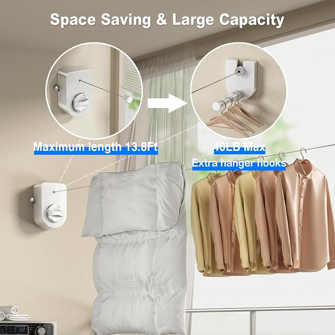 Mustorn Retractable Clothesline Indoor, Non-Sagging Outdoor Clothes Line Retracting Heavy Duty Clothes Drying Laundry Line Wall Mounted Stainless Steel Line-13.8 Feets (Single Line-White)