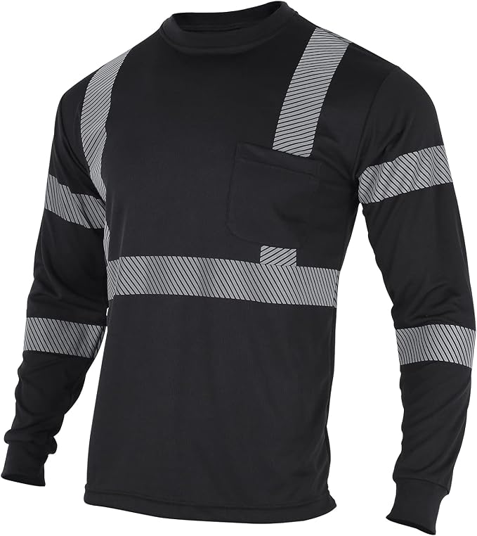 VENDACE 3 Pcs Safety T Shirts Reflective High Visibility Hi Vis Long Sleeve Construction Work Shirts for Men (Black,S)