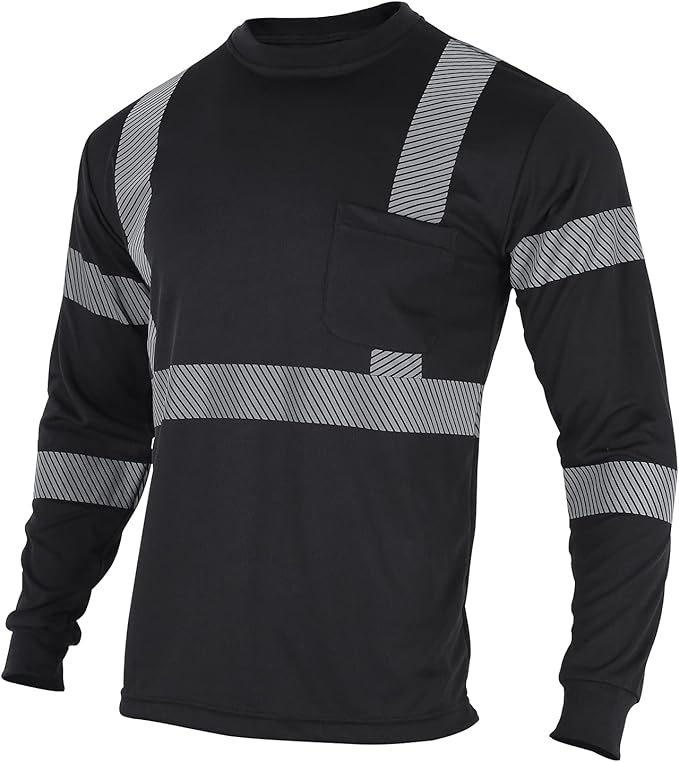 VENDACE 3 Pcs Safety T Shirts Reflective High Visibility Hi Vis Long Sleeve Construction Work Shirts for Men (Black,2XL)