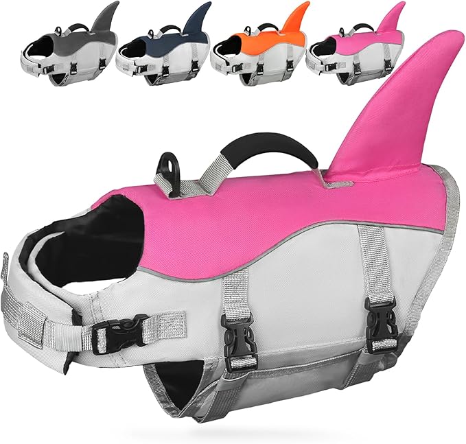 AMZNOVA Shark Dog Life Jacket + Rip Stop Dog Life Jacket, Durable Handle Reflective Buoyance