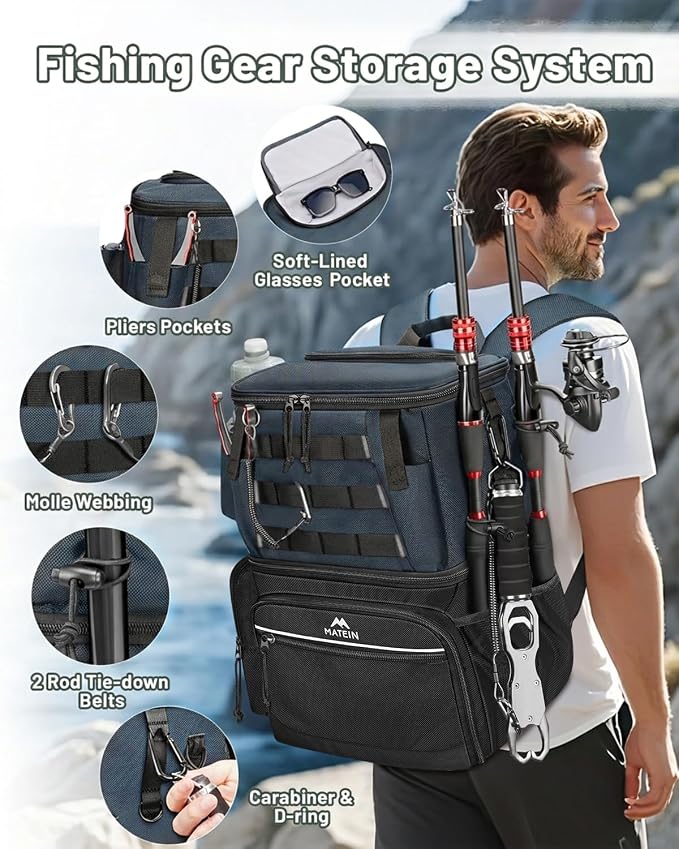 MATEIN Fishing Backpack with 4 Tackle Boxes, Fishing Bag with Rod Holder | 3600 Tackle Box 4 Pack, Water Resistant Tackle Backpack with Cooler Compartment, Safety Compass, Gifts for Fishermen