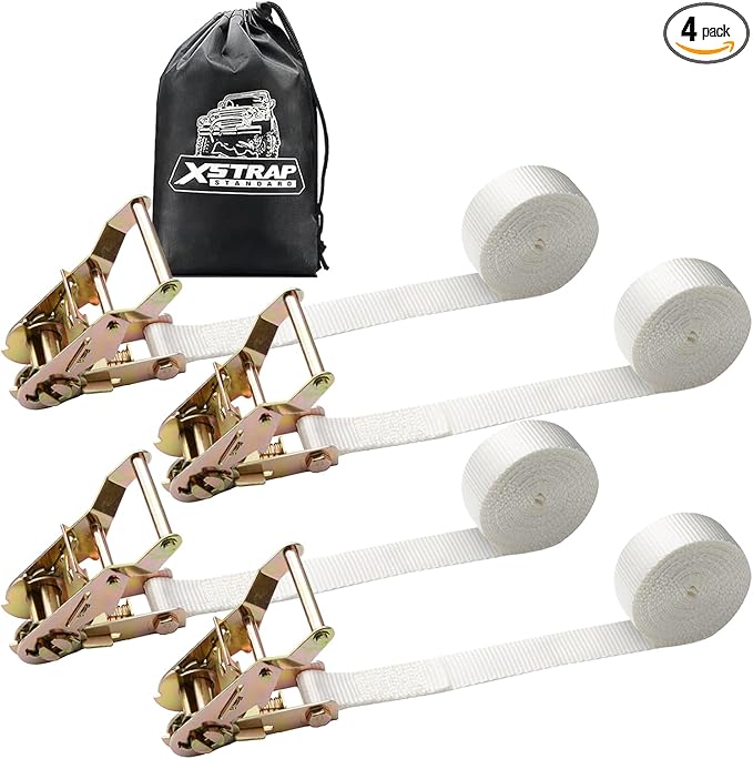 XSTRAP STANDARD 4PK 1" Endless Ratchet Straps - 2500lbs Breaking Strength Heavy Duty White Tent Securing Straps, Track Spring Fittings, 10ft Tie Downs for Tents/Trailers/Kayaks