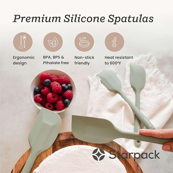 Starpack 'Scrape and Stir' Silicone Rubber Spatula Set (4-Piece) - LFGB Non Toxic, 600°F Heat Resistant, BPA-Free, One-Piece Kitchen Baking Spatulas - Dishwasher Safe for Nonstick Cookware Sage Green