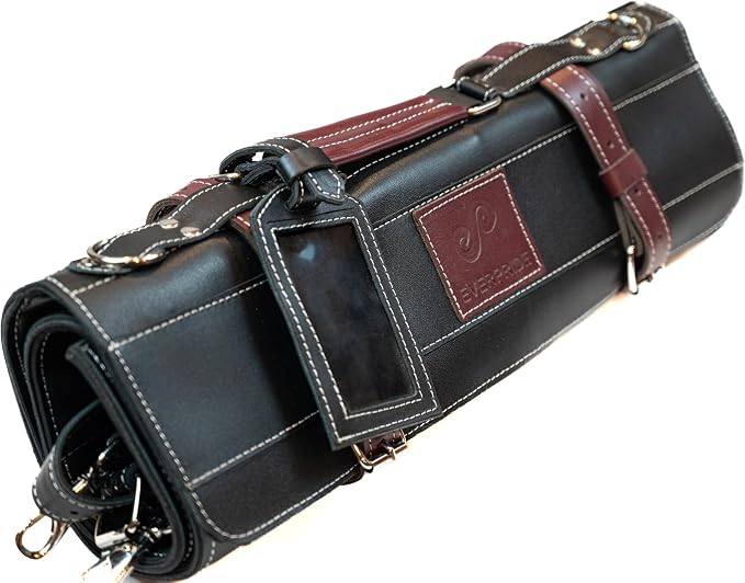 EVERPRIDE Elegant Black Leather with Maroon Trim, Professional Chef Knife Roll Bag for Knives. Premium Leather Bag, Sturdy Construction, Luxurious Carry Case and Display for Knives. A Great Gift.